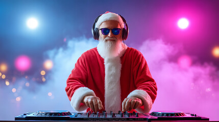 DJ Santa Claus mixing tracks in a nightclub at a Christmas and New Year party or Corporate events. Senior disc jockey as Santa listening music, headphones, laptop, mixer controller player, turntable.