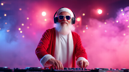 DJ Santa Claus mixing tracks in a nightclub at a Christmas and New Year party or Corporate events. Senior disc jockey as Santa listening music, headphones, laptop, mixer controller player, turntable.