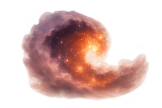 Cosmic swirling nebula with bright stars and glowing energy forming abstract space cloud on transparent background