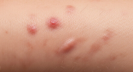 Fototapeta premium Close-up of a person's arm or skin showing active acne lesions, pimples, and small, faded scars.