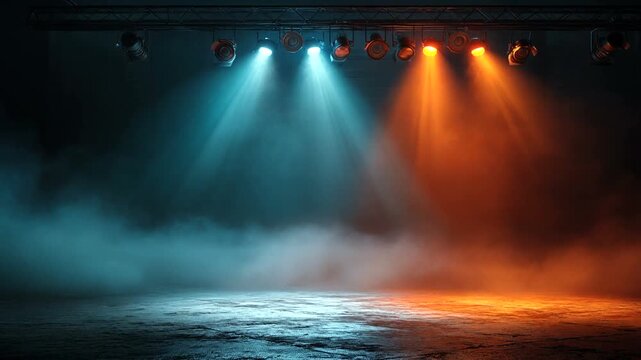 Dramatic stage lighting with vibrant blue and orange hues creates an immersive atmosphere perfect for concerts, theatrical performances, or exciting product reveals
