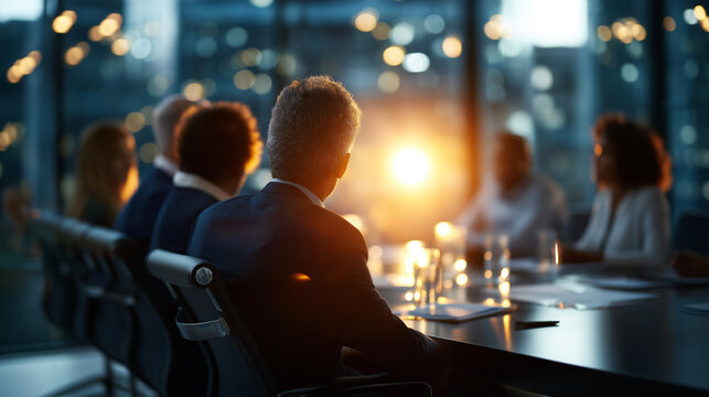 Diverse professionals at conference table viewing presentation faceless group defocused bright sunlight background corporate training concept financial review teamwork - Powered by Adobe