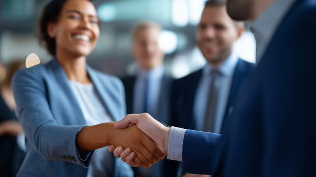 Handshake of business professionals at office gathering faceless young woman and man defocused meeting background professional agreement moment corporate greeting scene busine