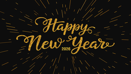 Golden Happy New Year 2026 glitter typography on black background