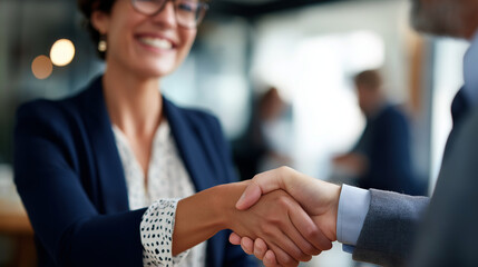 Handshake of business professionals at office gathering faceless young woman and man defocused meeting background professional agreement moment corporate greeting scene busine