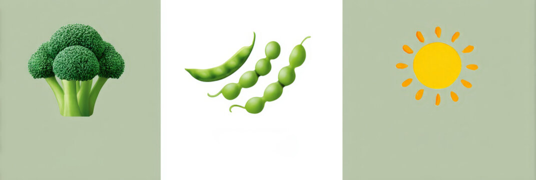 Broccoli, green peas, and sun illustration on pastel background