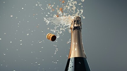 An open bottle of champagne on a grey background. the splashes of the drink fly apart. The concept of celebration and fun.