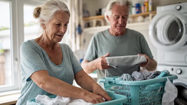 Senior couple sorting laundry before washing together. Elderly pair organizing clothes for cleaning. Woman and man doing household chores. Active retirees domestic work routine.