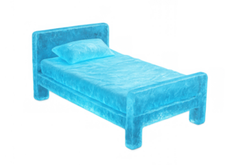 Ice bed with pillow and mattress forming a frozen sculpture, representing dreams, discomfort, or surreal sleep concepts