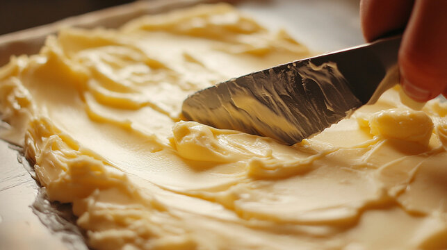 Close-up of a knife spreading creamy butter on a surface, highlighting texture, smooth motion, and the rich, appetizing consistency in a minimal, food-focused composition.