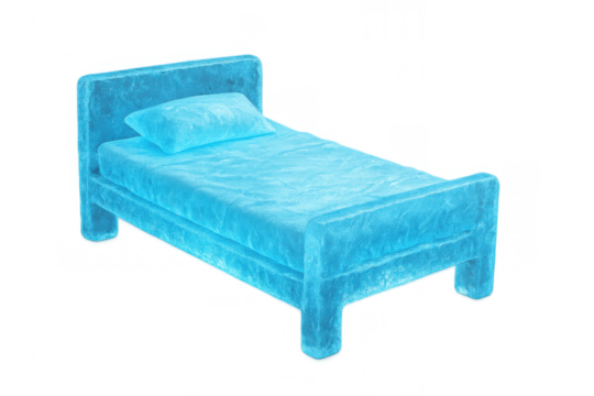 Ice bed with pillow and mattress forming a frozen sculpture, representing dreams, discomfort, or surreal sleep concepts