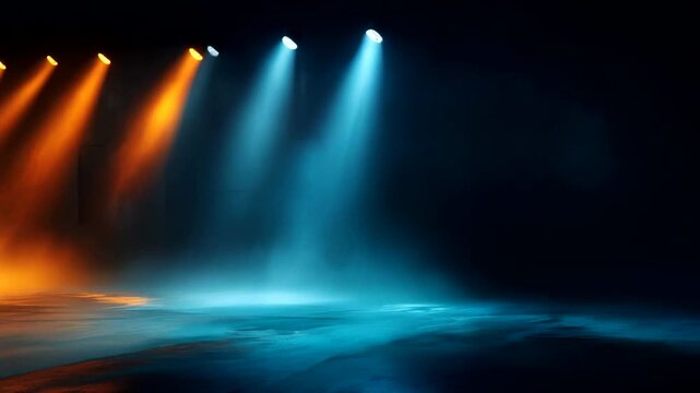 Dynamic stage lighting creates a dramatic atmosphere with vibrant colors and intense beams, perfect for concerts, theater productions, and immersive experiences with captivating visual effects