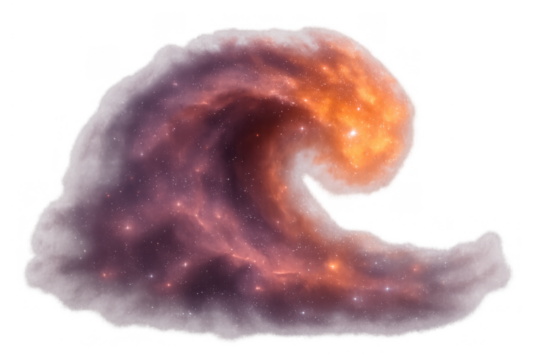 Cosmic wave shape forming from glittering nebula gas and glowing stars, abstract energy creating deep space cloud