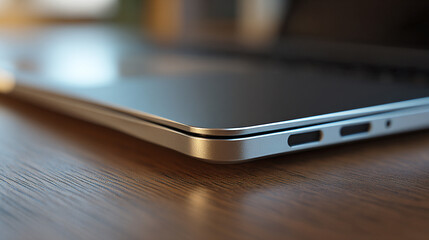 Close-up of a laptop corner, highlighting sleek edges, smooth metallic finish, minimal design, and precise craftsmanship in a modern, clean tech aesthetic.