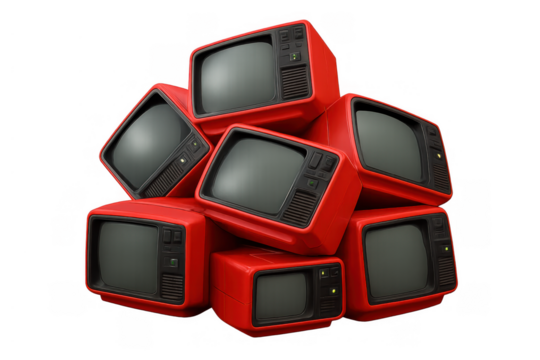 Stack of vintage red cathode ray tube televisions symbolizing outdated broadcasting, media consumption, and the concept of e-waste