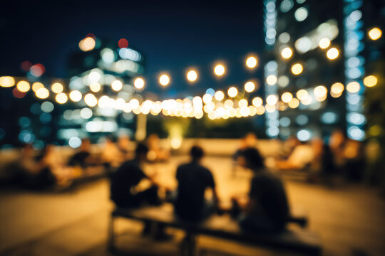 Blurred rooftop party at night with soft neon reflections, people socializing under string lights, urban cityscape background, relaxed atmosphere, warm ambiance
