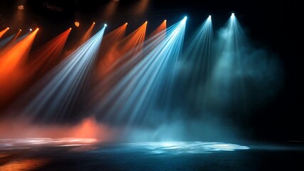 Dynamic stage lighting with vibrant orange and blue beams create an electrifying performance atmosphere, perfect for concerts, theater productions, and captivating visual experiences