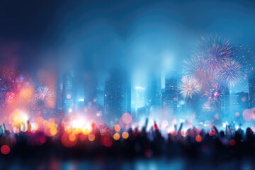 Defocused fireworks over city skyline with blurred crowd colorful lights festive atmosphere night celebration urban event joyful mood glowing bokeh vibrant energy