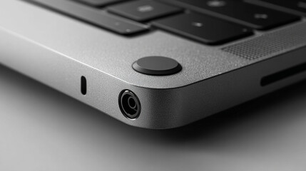 Close-up of a laptop corner, highlighting sleek edges, smooth metallic finish, minimal design, and precise craftsmanship in a modern, clean tech aesthetic.