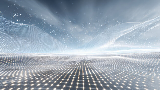 Abstract futuristic digital wave landscape with glowing grid lights and shimmering particles creating a high-tech and ethereal atmosphere in soft tones