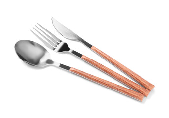 Silver cutlery on white background