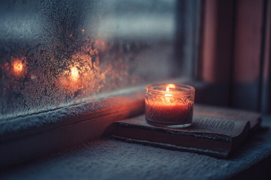 Candle book frosted window winter morning cozy warm glass reflection soft light peaceful atmosphere create serene winter morning scene with glowing candle on book by frosted window