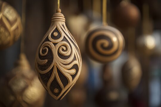 Elegant fabric ornaments hanging in a festive setting, showcasing intricate designs and warm tones perfect for Christmas celebrations and holiday decorations