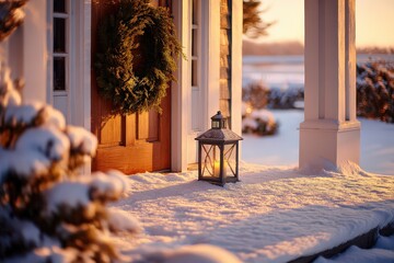 Snow-covered porch adorned with a pine wreath and lantern creating a warm holiday atmosphere at sunset