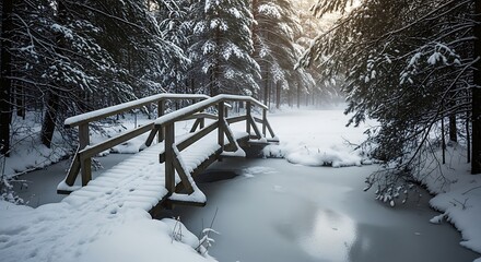 Scenic winter landscape showcasing a charming rustic wooden footbridge spanning across a frozen stream nestled deep within a dense coniferous forest