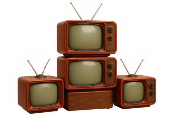 Stack of retro televisions displaying vintage technology and communication obsolescence on transparent background