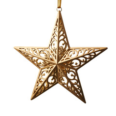 Fototapeta premium Ornate Gold Filigree Star Christmas Ornament — Intricate Metal Holiday Decoration with Cutout Pattern, Hanging Tree Decoration on White Background