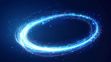 Twisting neon light waves swirl along a magical road, forming bright vector spirals, glowing beams, and futuristic curves in a luminous, abstract blue background.