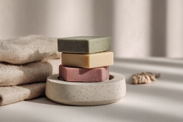 A Tranquil Still Life Featuring Natural Handmade Soap Bars Stacked in a Beautifully Simple Holder, Surrounded by Textured Fabrics and Soft Shadows