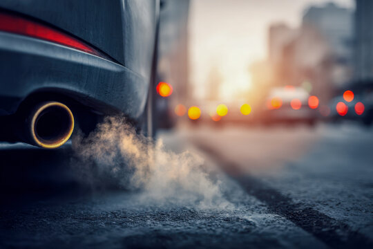 Exhaust fumes emitted from a vehicle on a cold urban street at sunrise with blurred city lights and traffic in the background on a winter morning