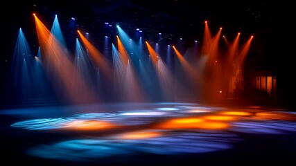 Dynamic stage lighting design featuring vibrant orange and blue beams creates a mesmerizing atmosphere perfect for concerts, theater productions, and event backdrops