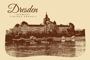 Obraz premium City ancient architecture, Dresden, Germany. Vintage brown and beige graphics, engraved, vector. Old retro design.