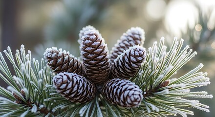 Stunning close-up of a cluster of natural brown pine cones firmly attached to an evergreen branch, heavily coated in delicate white hoarfrost.