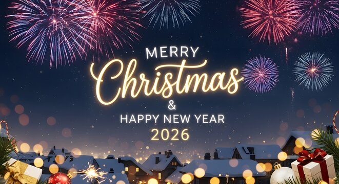 Festive fireworks display for christmas and new year 2026 celebration banner