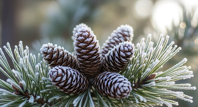 Stunning close-up of a cluster of natural brown pine cones firmly attached to an evergreen branch, heavily coated in delicate white hoarfrost. - Powered by Adobe