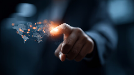 Technician engaging virtual interface displaying worldwide technical assistance network defocused digital background troubleshooting visualization remote diagnostics