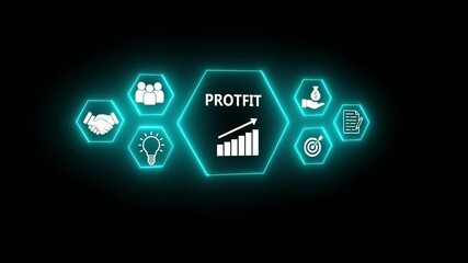 Profit growth business success strategy concept with icons for teamwork idea finance target document handshake and rocket launch digital animation.4k video.