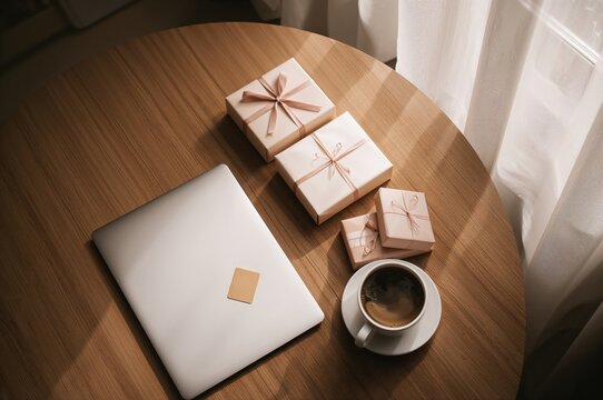 Minimalist morning workspace scene with laptop, pastel gifts, and steaming ceramic coffee