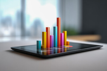 Digital data visualization with colorful 3d bar chart on tablet screen