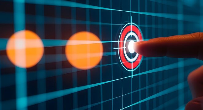 Finger touching a digital target on a glowing grid interface screen