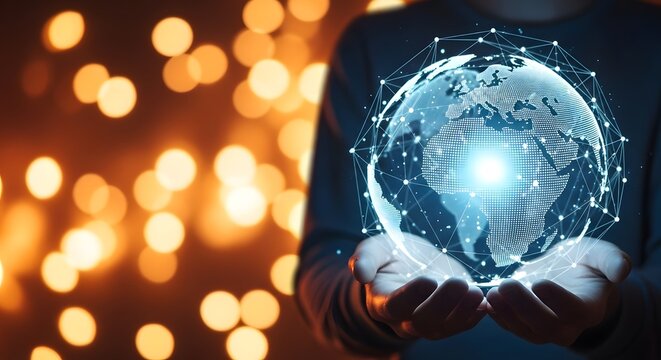 Person holding a digital globe with bokeh lights in the background