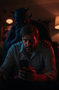 Man haunted by devil&rsquo;s whisper in dimly lit cozy evening room