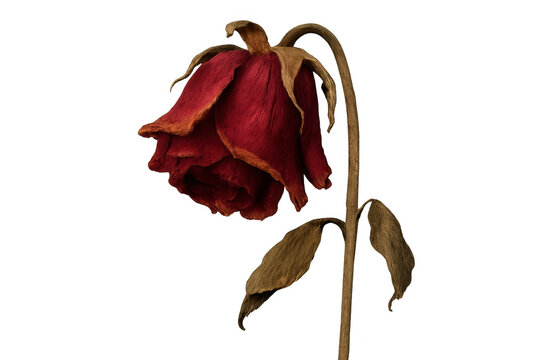 Dried red rose head and stem drooping down, symbolizing end of life, decay, sadness, and loss, transparent background