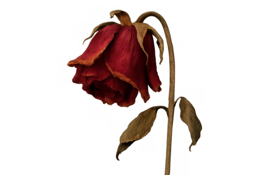 Dried red rose head and stem drooping down, symbolizing end of life, decay, sadness, and loss, transparent background