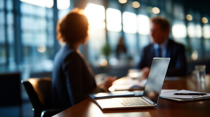 Business consultation office scene about property investment management faceless professionals defocused meeting background real estate discussion financial planning proposal