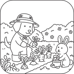 Naklejka premium Cute animal gardening carrot vector coloring page for adults